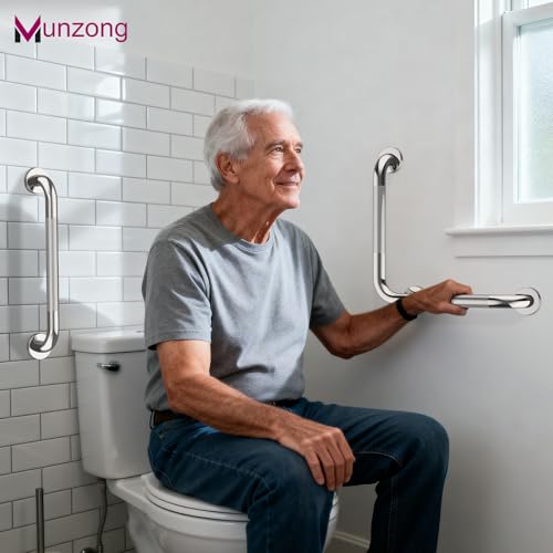16x16 Inch Angled Bathroom Grab Bar, Munzong Brushed Nickel Toilet Rail | Toilet Handicap Grab Rail for Showers Anti Slip Stainless Steel Knurled Safety Handle Support Elderly Injury Senior - color: Chrome