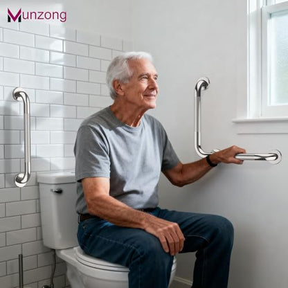 16x16 Inch Angled Bathroom Grab Bar, Munzong Brushed Nickel Toilet Rail | Toilet Handicap Grab Rail for Showers Anti Slip Stainless Steel Knurled Safety Handle Support Elderly Injury Senior - color: Chrome