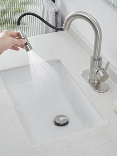 Brushed Bathroom Sink Faucet with Pull Out Sprayer for Sink 1 Hole,Bar Sink Faucet with Pop-Up Drain,Stainless Steel Single Handle Kitchen Faucet 360° Swivel Bathroom Faucets for Two Water Outlet Mode - color: Brushed Nickel, style: Pull-out