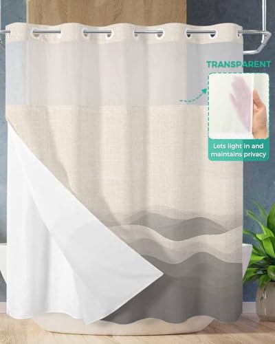 No Hook Shower Curtain and Snap in Liner Set, Grey Beige Ombre Fabric Bathroom Shower Curtains 72x72 Inch, See Through Mesh Top Window, Minimalist Ocean Waves Linen Hotel Style, Washable Waterproof - size: 72"W x 72"L (Pack of 1)