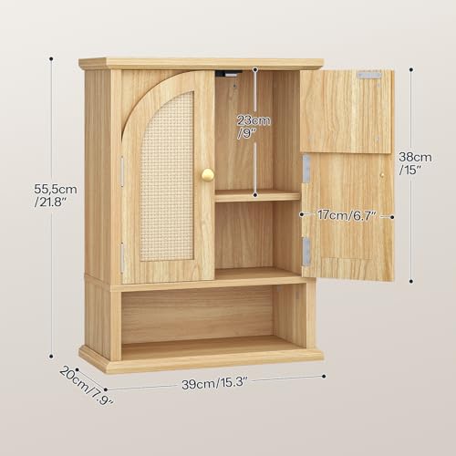 HOOBRO Arched Rattan Wall Cabinet for Bathroom, Over Toilet Storage Cabinet with Doors and Open Shelf, Farmhouse Medicine Cabinet with Adjustable Shelf for Bathroom Kitchen, Natural