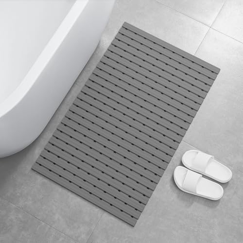 OTHWAY Large Shower Mat, 35.4 x 24 Inch No Suction Cup Shower Mat Non Slip, Quick Drain Large Non Slip Shower Mats for Inside Shower, Heavy Duty Curlable PVC Shower Floor Mat, Dark Grey - color: Dark Grey
