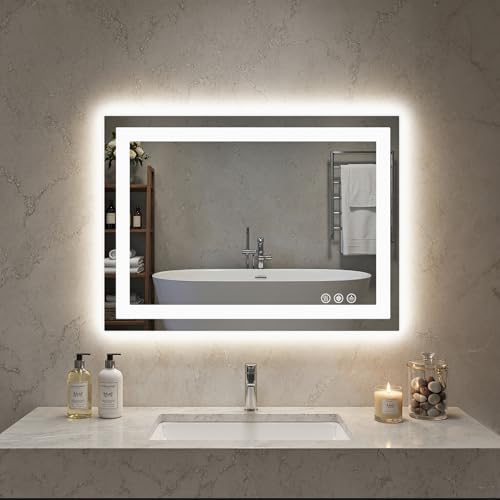 NEWBULIG 20"x28" Smart Anti-Fog LED Bathroom Mirror with Front Light & Backlit, 3 Color Modes, Dimmable, Memory Function, Wall-Mounted Modern Rectangular Vanity Mirror, White - color: Led-white, size: 20.1"L x 28"W