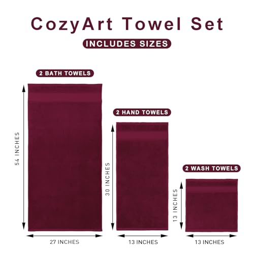 COZYART Bath Towel Set 6 PCS, Burgundy Luxury 100% Turkish Cotton 650GSM | Soft Absorbent Quick Dry, OEKO‑Tex 100 Cert. Zero Twist Ring Spun Cotton, Plush Fluffy, Breathable Hotel Quality Towels Set - color: Burgundy