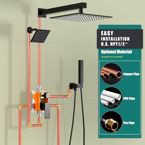 Enga Shower Faucet Set Shower System, Dual Shower Heads 10'' Rainfall with 6'' Wall Shower Head, 2 in 1 Handheld Spray with Valve Kit, Matte Black - color: Matte Black, style: Wall-10"+6" Head
