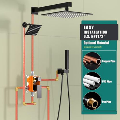 Enga Shower Faucet Set Shower System, Dual Shower Heads 10'' Rainfall with 6'' Wall Shower Head, 2 in 1 Handheld Spray with Valve Kit, Matte Black - color: Matte Black, style: Wall-10"+6" Head
