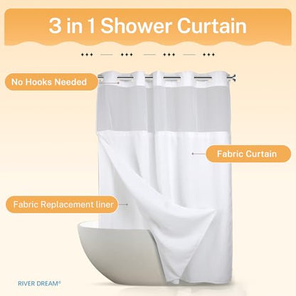 RiverDream Heavyweight Waffle No Hook Shower Curtain with Liner,White,71x77 | Dotted Waffle,Snap-in Liner,Heavy Duty,Quick Dry,Mesh Top Window,With Bottom Magnets,Hotel-Grade,Washable,Long Size - color: White, size: 71"W x 77"L (Pack of 1)