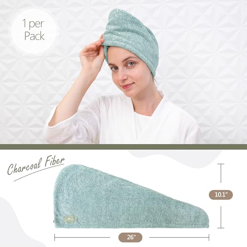 myHomeBody Hair Towel Wrap, Quick Drying Turban, Absorbent Cap – Green | Hair Turban Towel for wet hair, Ultra Soft Charcoal Fiber Cap, Towel Head Wrap for bathing with Coconut Shell Button - color: Pine Green