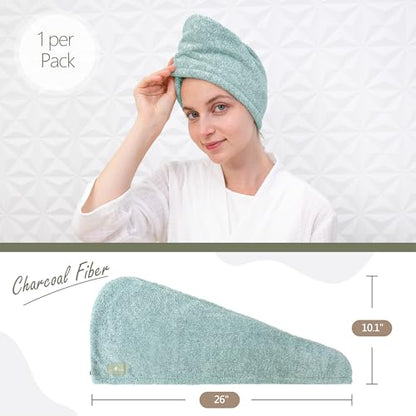 myHomeBody Hair Towel Wrap, Quick Drying Turban, Absorbent Cap – Green | Hair Turban Towel for wet hair, Ultra Soft Charcoal Fiber Cap, Towel Head Wrap for bathing with Coconut Shell Button - color: Pine Green