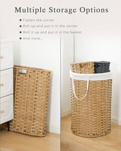 SETVSON Laundry Hamper with Lid Laundry Basket with Lid 72L, Natural | 19 Gal Round PE Rattan Hamper with Lid, Removable Washable Liner Bag, 2 Mesh Wash Bags, Steel Frame, Handles - color: Natural, size: 72 L