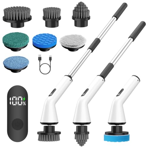 Electric Spin Scrubber for Bathroom,Power Cleaning Brush with 7 Replaceable Brush Heads, Adjustable Long Handle, Cordless Electric Shower Scrubber for Home, Floor, Kitchen & Car
