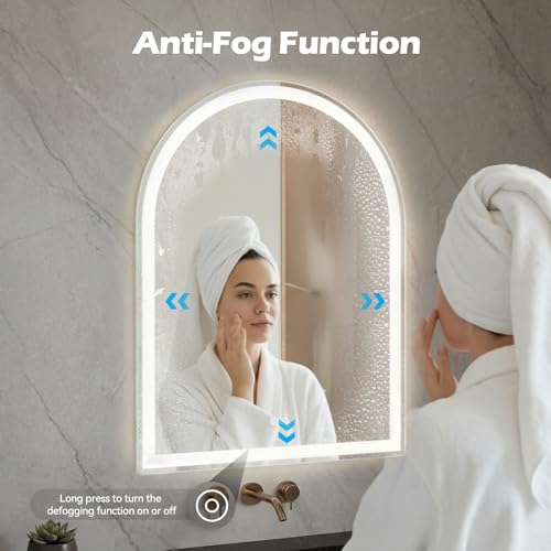 Sweetcrispy 24x 36 Inch Arched LED Bathroom Backlit Mirror with Lights | Vanity Wall Mirrors with Anti-Fog, Dimmable, 3-Color Light, Memory Function, Tempered Glass