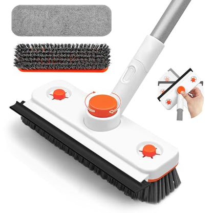 Floor Scrub Brush with Long Handle, 3 in 1 Extendable Stiff Bristle Scrape Brush, 60-In Shower Scrubber Brush with Squeegee and 2 Replacement Heads for Cleaning Bathroom Kitchen Deck Tub Tile