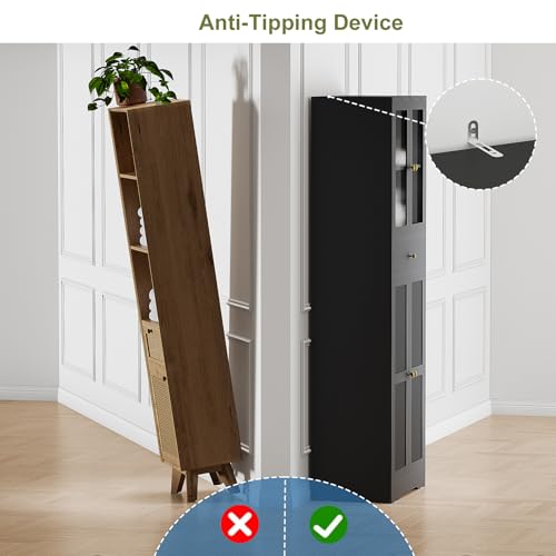 Space-Saving 67 Inch Bathroom Linen Cabinet,Freestanding Tall Storage Tower with Adjustable Shelves & Glass Doors for Bathroom, Kitchen, Hallway Organization (Black)