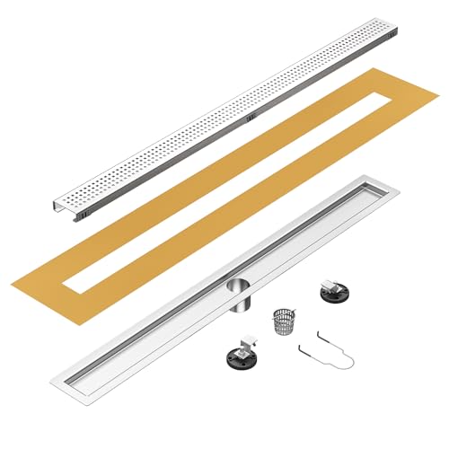 24 inch Linear Shower Drain with Square Hole Pattern Grate Cover | Brushed 304 Stainless Steel Bonding Flange Linear Drain, Low Profile Linear Shower Drain with Hair Strainer - color: 24 in, size: Quadrato Pattern