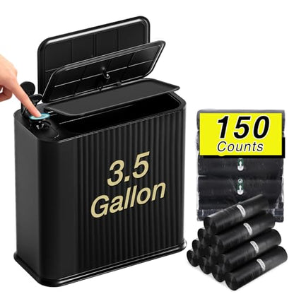Bathroom Trash Can with Lid 13 Liter/ 3.5 Gallon Black Trash Can with Pop-Up Lid Bedroom Trash Can Small Garbage Can with 150 Counts Trash Bags for Small Bathroom Bedroom Office - color: Black