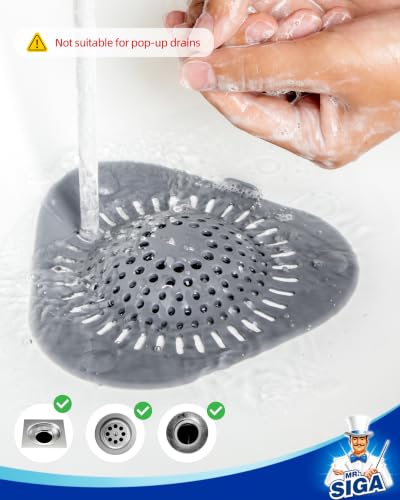 MR.SIGA Shower Drain Hair Catcher, Bathroom Sink Drain Strainer, 3 Pack | Value 3-pack hair stopper for bathtub drain with pull-tab, easy to clean, gray