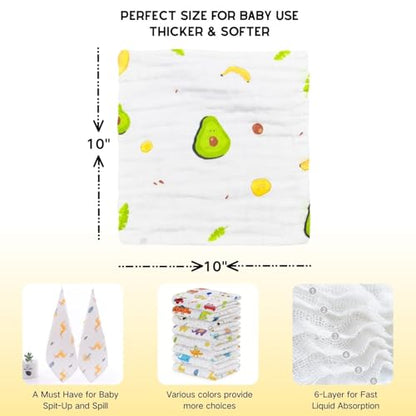 MALOMME Muslin Baby Washcloth 8 Pack - Soft & Absorbent Washcloth 6 Layer Natural Cotton Wash Cloths for Newborn Infant Toddler 10”x10” Large Gentle Face Towel for Sensitive Skin - Multi Pattens