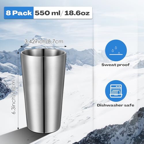 Mimorou 8 Pack Stainless Steel Insulated Cup 18.6 oz Metal Tumbler Double Wall Vacuum Water Glasses Camping Reusable Mugs BBQ Home Office Party Coffee(Silver) - color: Silver, size: 18.6 oz
