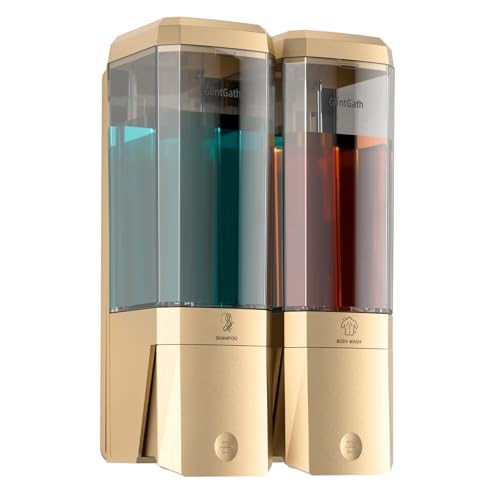 Shampoo and Conditioner Dispenser,Shower Dispenser 2 Chamber No Drill Shampoo Dispenser for Shower Wall Mounted Shower Soap Dispenser for Bathroom Hotel,Large Capacity 2 * 500ML,Gold - color: Gold 2 Chamber