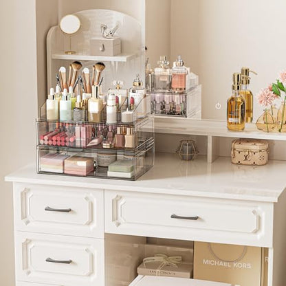Clear Stackable Makeup Organizer with Drawer, 12''W Acrylic Storage Drawers | Cosmetic Display Case for Vanity Bathroom Countertop Drawers, Beauty Holder for Lipstick Brush Skincare Perfume - size: 4 Pack