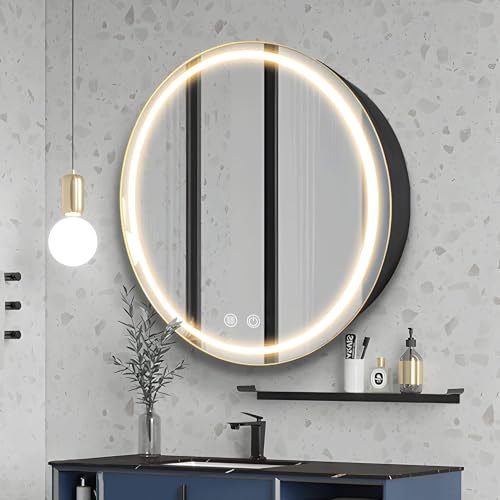28inch Round Medicine Cabinet with Lights,Led Medicine Cabinet with Defogger,Illuminated Mirror Cabinet for Bathroom,Dimmable,Anti-Fog,3 Colors,Surface Mount Only - color: Black, size: 28inch