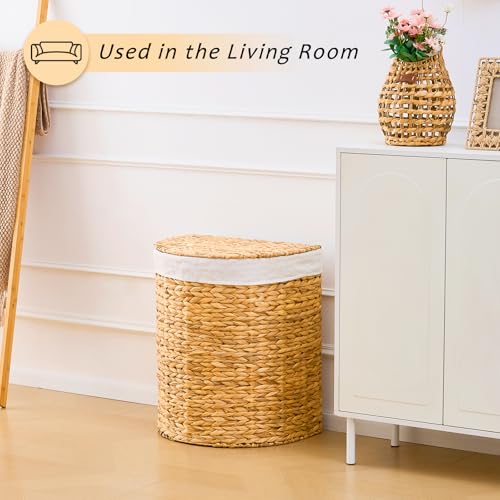 Half Round Wicker Laundry Hamper with Lid and 2 Removable Liner Bags, Handwoven Natural Water Hyacinth Laundry Basket for Dirty Clothes, Natural - color: Natural, size: 120L