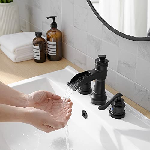 Bathroom Sink Faucet Waterfall 3 Hole or 8 Inch Widespread Tap | Matte Balck,Brass,Double Handle,Easy to Clean,Simple Installation,Pop-up Drain,Supply Line,Control of Hot and Cold Water - color: Matte Black