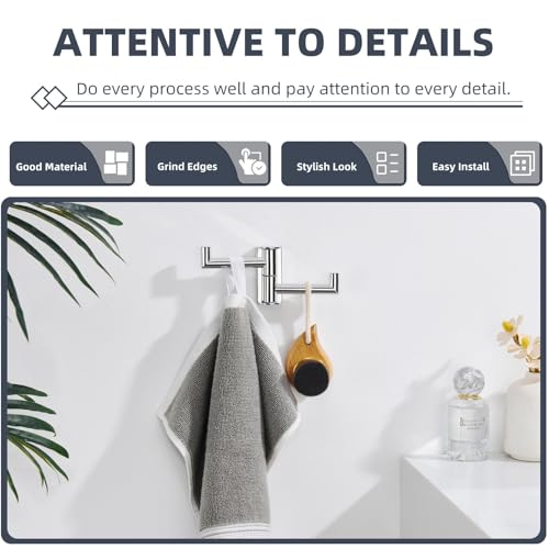 Suyar Polished Chrome Double Towel Hook, Swivel Robe Holder for Bathroom | Wall Hook with 2 Arms, SUS304 Stainless Steel, Screw Mount - color: Polished Chrome, size: 1 Pack