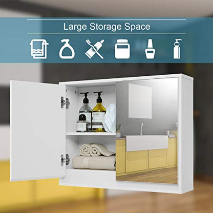 Tangkula Bathroom Medicine Cabinet, 2-Tier Wall-Mounted Storage Cabinet with Double Mirror Doors, Multipurpose Kitchen Bathroom Medicine Storage Cabinet, White (22" x 18") - size: 22 x 18 Inch