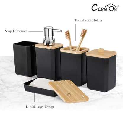 CERBIOR Bamboo Bathroom Accessories Set 7 Piece Bath Ensemble,Black | Includes Soap Dispenser, Toothbrush Holder, Toothbrush Cup, Soap Dish for Decorative Countertop and Housewarming Gift - style: Black