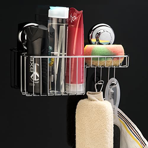 HASKO Shower Caddy Suction Cup, Shower Shelf with Soap Dish and Hooks Organizer, Suction Bathroom Shelf for Storage, Wall Mounted Basket (Polished Stainless Steel SS304) - color: Silver (1 Pack)