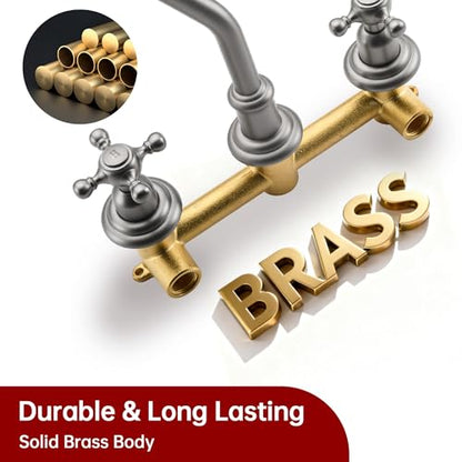 SUMERAIN Traditional Brushed Nickel Wall Mounted Bathroom Sink Faucet | 3 Holes, 2 Cross Handles, Rough-in Valve Included - color: Brushed Nickel