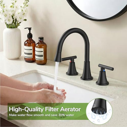 8 Inch Pull Out Sprayer Bathroom Faucet 3 Hole, Widespread 2 Handle Sink Faucet with Pop Up Drain and Supply Lines, Stainless Steel for Vanity, RV, Matte Black - color: Matte Black, size: 8 IN