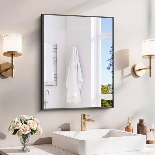 YIROMAN Bathroom Mirror 18"x24", Black Bathroom Mirrors for Over Sink with Aluminum Frame, Rectangular Vanity Mirror with Right Angle, Wall Mirror for Oversink, Vanity, Bedroom, Living Room - color: Black, size: 24"L x 18"W