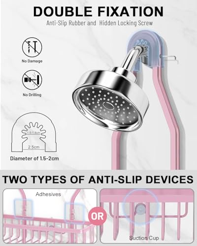 Pink Shower Caddy for Bathroom - Never Rust Hanging Shower Organizer with Soap Basket and Hooks - Large Capacity 3 Tier Aluminum Over The Showerhead Caddy - color: Pink