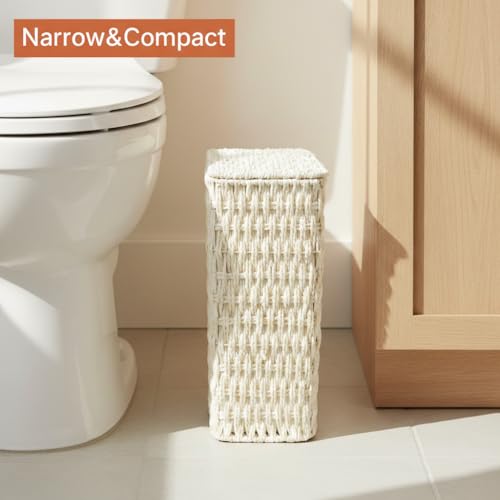 Coeusy 3 Gallon Paper Rope Bathroom Trash Can,Small Wicker Trash Cans with Lid and Liner,Woven Rattan Narrow Waste Basket for Bedroom,Office,White - color: White