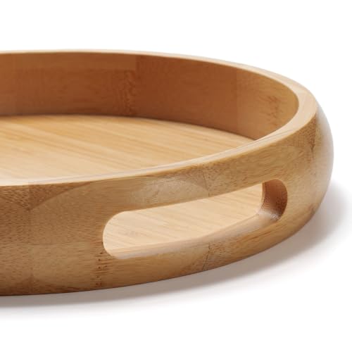 13.4" Round Bamboo Tray with Handles, Wood Serving Tray, Decorative Tray | Wooden Centerpiece Tray for Coffee Table, Kitchen, Living Room, Bedroom - size: 13.4"