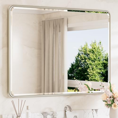 Brushed Nickel Mirrors for Wall 40 x 30 Beveled Edge Tempered Glass, Rounded Corner Rectangle Framed Mirror for Modern Bathroom, Living Room, Bedroom, Entryway - color: Brushed Nickel, size: 30"L x 40"W
