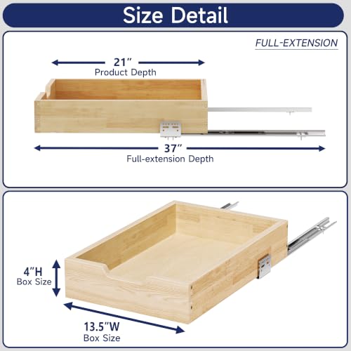 Pull Out Cabinet Organizer, 13.5 in W x 21 in D Solid Wood Slide Out Drawer, Soft Close Sliding Shelf, Bottom or Side Mount for Kitchen Pantry Bathroom, Fits 14.5 in Cabinet Opening - size: 13½” W × 4"H x 21” D