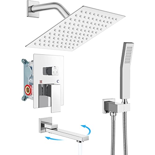 gotonovo Tub Shower Faucet Set with Valve Kit 8’’ Head,Polished Chrome | Shower System with Tub Spout,SUS304 Rain Head with Handheld Sprayer,Swivel Spout,All Metal,Rough-In Valve Trim Kit,Wall Mount - color: Chrome, size: 8’’ Head
