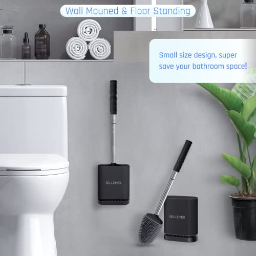 Silicone Toilet Brush, Ventilation Slots Base Holder 1 Pack, Black | Flexible Bristles Flat Head for Rim, Hair Tangle-Free, Easy to Clean, Compact Design, Rustproof Handle, for Toilet/Sink/Tub - color: Black-1pcs