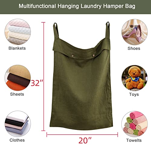 Linen Hanging Laundry Bag, 100% Linen Over The Door Laundry Hamper with Buttons and Zipper, Space Saving Door Hampers for Laundry Dirty Clothes Home Travel, Green - color: Green