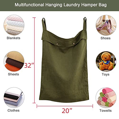 Linen Hanging Laundry Bag, 100% Linen Over The Door Laundry Hamper with Buttons and Zipper, Space Saving Door Hampers for Laundry Dirty Clothes Home Travel, Green - color: Green