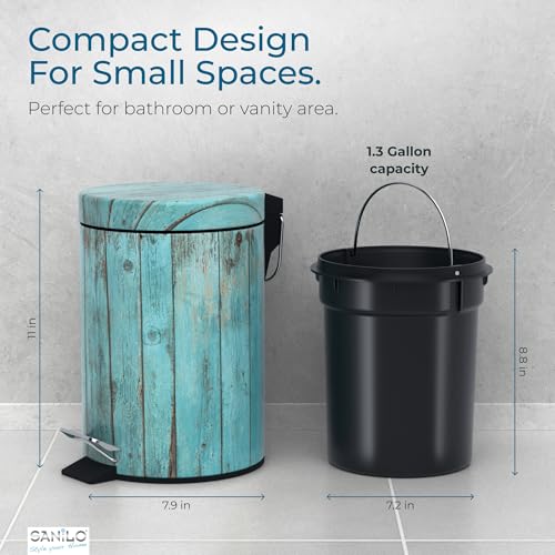 Sanilo Small Bathroom Trash Can with Lid [1.3 Gallon] - Lidded Tiny Trashcan for Garbage - Mini Metal Bin with Soft Closing Mechanism - Bath Room Accessoire Wastebin with Inner Bucket (Lumber) - color: Lumber