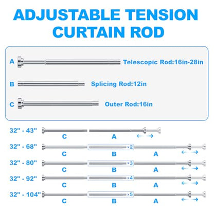 TEECK Shower Curtain Rod, 32-80 inch Adjustable Spring Tension Curtain Rod, Never Rust Anti-Slip Shower Curtain Rod for Bathroom, No Drilling, Never Collapse, Easy to Use, Silver - color: Silver, size: 32-80 Inches