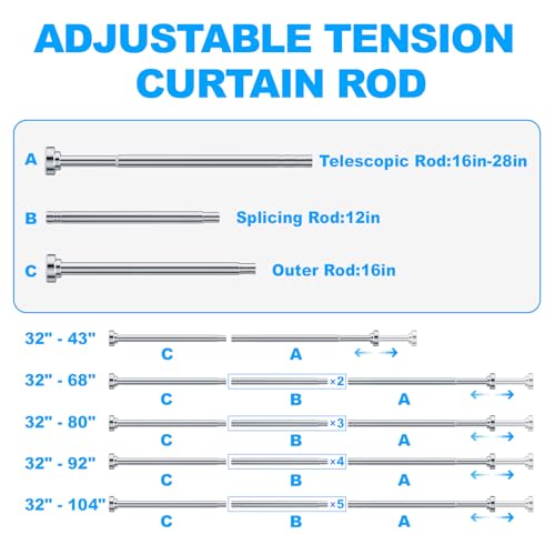 TEECK Shower Curtain Rod, 32-80 inch Adjustable Spring Tension Curtain Rod, Never Rust Anti-Slip Shower Curtain Rod for Bathroom, No Drilling, Never Collapse, Easy to Use, Silver - color: Silver, size: 32-80 Inches