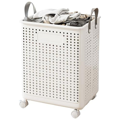 WESAPPINC Collapsible Large Laundry Hamper, Plastic Laundry Basket with Wheels,Suitable for Bathroom, Bedroom, Dorm Room & Laundry Room,Basket with Handle (White) - color: 55L White