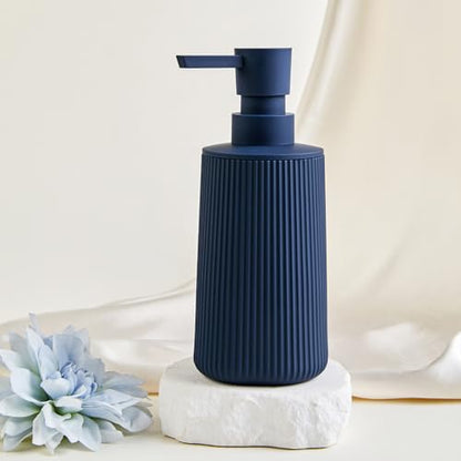 Small Soap Dispenser for Bathroom and Kitchen Matte Blue | Modern Farmhouse Striped Style Plastic Hand Soap Dish Soap Dispenser with Pump - color: Navy Blue