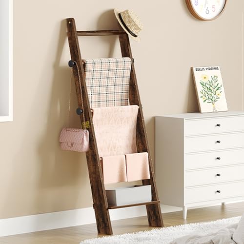 Hzuaneri Blanket Ladder, Decorative Quilt Rack with 4 Removable Hooks | 5-Tier Blanket Ladder Shelf for Bedroom Living Room, Rustic Brown BR30501X - size: 5.6"D x 17"W x 62.5"H